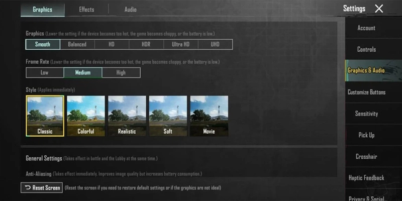تنظیمات پابجی موبایل از نظر گرافیک بازی