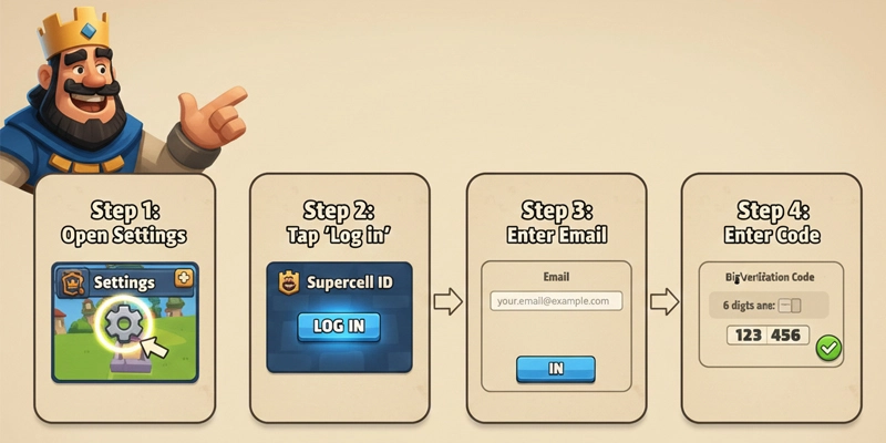 مراحل بازیابی اکانت کلش رویال با Supercell ID با استفاده از ایمیل و کد تایید